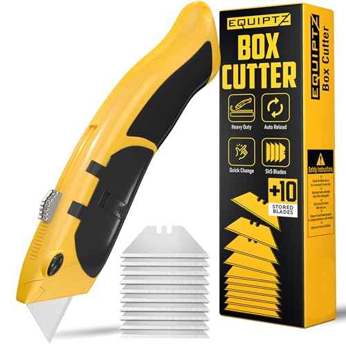 Auto Reload Utility Knife with 10 Preloaded SK5 Blades, Heavy Duty Box Cutter Retractable and Razor Knife with Non-Slip Rubber Handle and Lanyard Hole