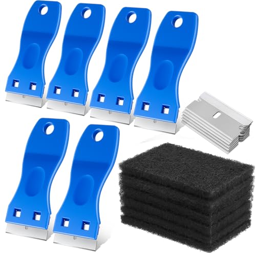 Glass Stove Top Scraper and Non Abrasive Cook top Scrubbing Pads Kit with Extra Replacement Blades, Razor Blade Scraper Cleaning Tools for Oven, Kitchen, Windows, Paint Removal and Adhesive Residues