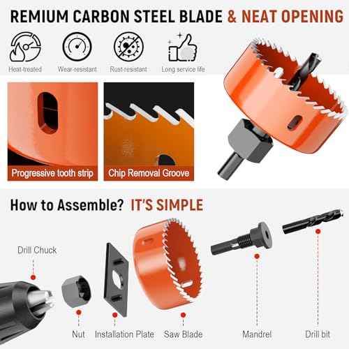 11-Piece Hole Saw Kit (1-1/4" to 3" / 32-76mm) with Mandrels, Arbor, Gloves & Case for Soft Wood, PVC Board, Plywood