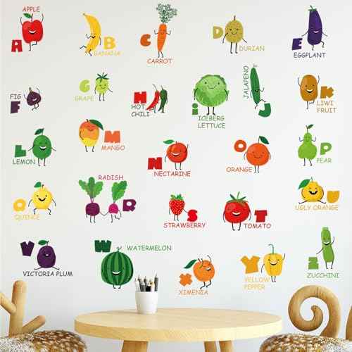 Fruit Vegetables Alphabet Kids Wall Stickers Wall Decals Peel and Stick Removable Cartoon Wall Stickers for Kids Nursery Bedroom Living Room Decor