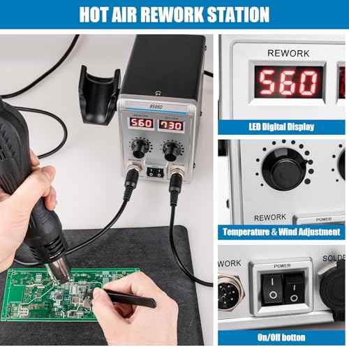 8586D 2 In 1 Soldering Station, SMD Hot Air Rework Station LED Dual Digital Display with Heat Gun and Solder Iron Kit, Electric Soldering Iron Station with Temperature Control, Auto Sleep Functions