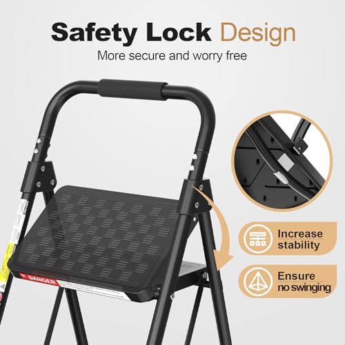 HBTower 4-Step Folding Ladder with Anti-Slip Pedals & Cushioned Handle for Home & Kitchen