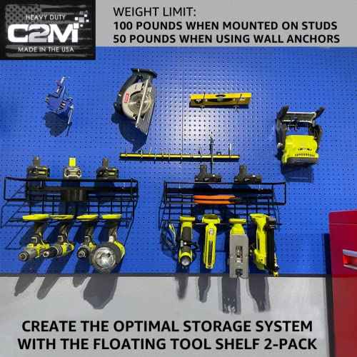 C2M Heavy Duty Floating Tool Shelf & Organizer | Wall Mounted Garage Storage Rack for Handheld & Power Tools | USA Made, 100# Weight Limit, Compact Steel Design | Perfect for Father's Day | Black