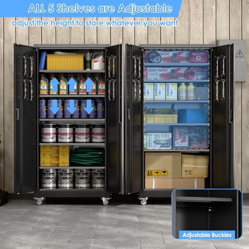 Reemoon 71 in Metal Storage Cabinet with Wheels & Pegboard, 5-Shelf, 3-Point Lock, Black