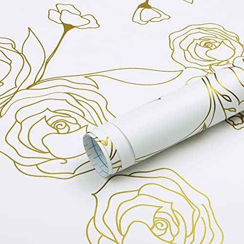 Safiyya 118"x17.3" Peel and Stick Wallpaper Gold and White Contact Paper Rose Floral Wallpaper Self Adhesive Removable Wallpaper for Bedroom Covering Vinyl Rolls