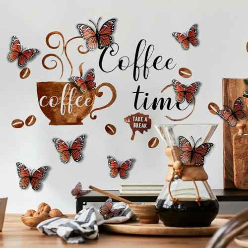 3D Butterfly Coffee Bar Wall Stickers Decor Dining Room Decor Wall Decals Peel and Stick Removable DIY Coffee Station Wall Art Decorations for Kitchen Bedroom Living Room Office