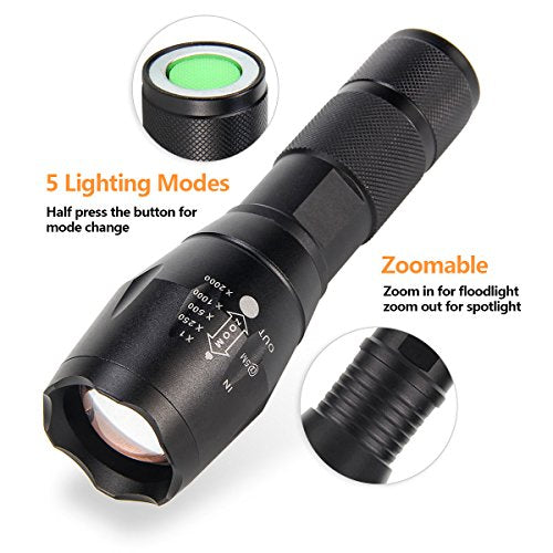 ULTRAFIRE 2 Pack A100 LED Hunting Flashlight,800 Lumen 3-Color-Light Tactical Flashlight 5 Modes Zoomable Small LED Hand held Flashlights (White Light/RED Light/Green Light)