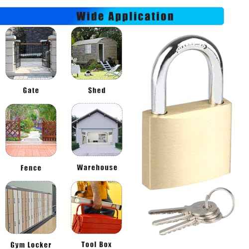 Solid Brass Padlock with 3 Keys, Locker Lock with Brass Body & Steel Shackle, Keyed Padlock for Sheds, Storage Unit, School Gym Locker, Fence, Toolbox, Gate, Warehouse