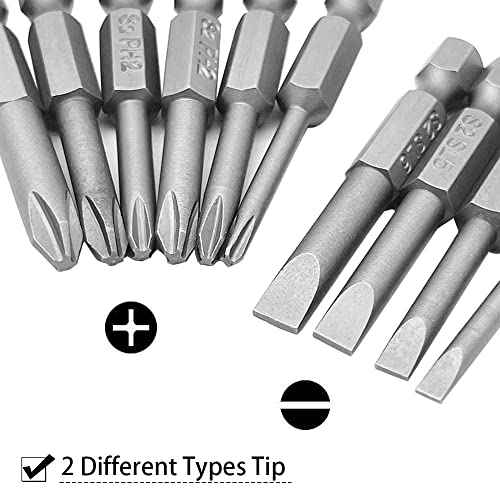 10Pcs Magnetic Screwdriver Bit Sets 1/4 Inch Hex Shank Flat Slotted + Phillips Cross Head Screw Driver S2 Steel Drive Drill Bits for Electric Screwdrivers (2 inch/50mm Length)