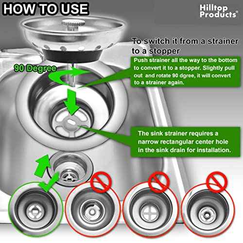 2 Pack - Kitchen Sink Strainer and Stopper Combo Basket Replacement for Standard 3-1/2 inch Drain, Stainless Steel Basket with Plastic Knob, Rubber Stopper Bottom - Hilltop Products