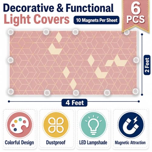QOUBAI Geometric Fluorescent Light Covers 6 Pack 4x2 Ft Magnetic Ceiling Shades