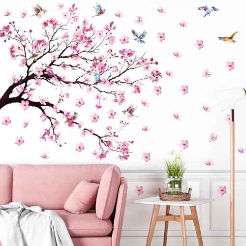 Large Pink Flowers Tree Branch Wall Decals Cherry Blossom Decor Vinyl Stickers,Tree Floral Birds Wall Art Murals,Flower Pattern Wall Stickers for Girls Bedroom Living Room Baby Nursery Tv Background