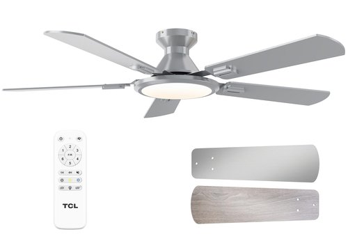 TCL Ceiling Fans with Lights, 52 Inch Low Profile Ceiling Fan with Light and Remote Control, Flush Mount, DC Reversible Motor, Noiseless, 6 Speeds Ceiling Fan for Bedroom (Silver)