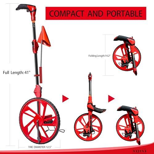 XIJIXI Distance Measuring Wheel 12.5” Dia. Collapsible with One-Key Zero, Red with 10 Flags, Large Plastic