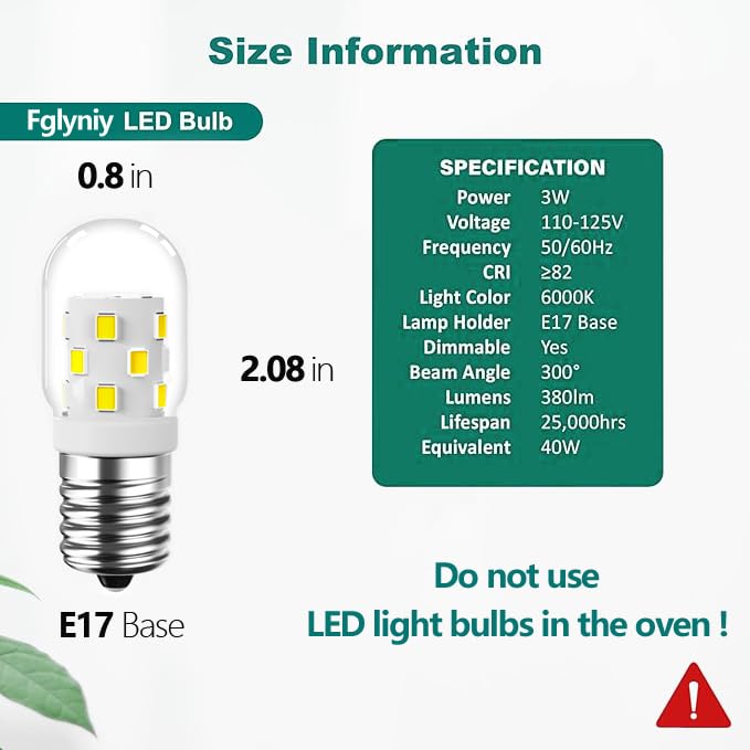 FGlyniy Daylight White 3W LED E17 Microwave Light Bulbs 40W Equivalent, 380LM, Dimmable, 6000K, 2 Pack