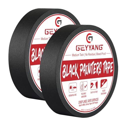 GEYYANG Black Painters Tape, 1 Inch x 55 Yards x 2 Rolls, Black Masking Tape for Painting, DIY Crafts, Home & Auto | No Residue, Multi-Surface Adhesion