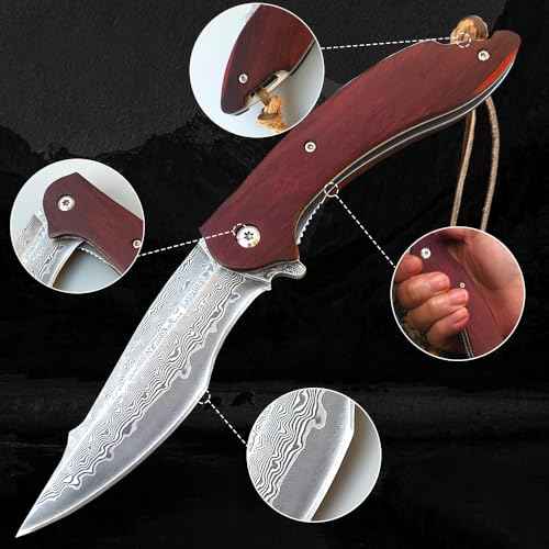 Damascus Pocket Knife, VG10 Damascus Steel Folding Knife with Wood Handle, Liner Lock, Leather Sheath, EDC Knife for Camping Outdoor Survival Hunting