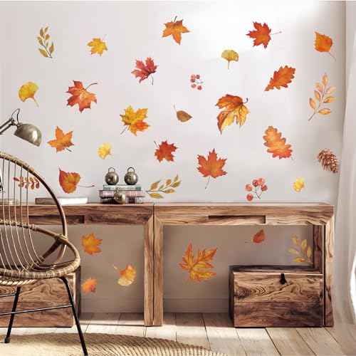 Fall Wall Stickers Maple Leaves Wall Decals Small Room Mural Stickers for Autumn Thanksgiving Home School Office Party Decor, 7.9 x 11.8 Inch, 9 Sheets
