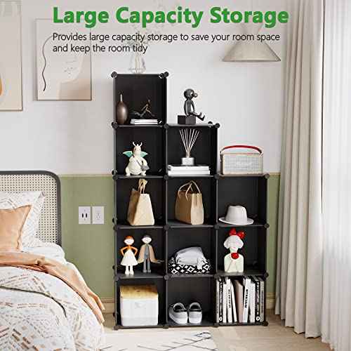 C&AHOME Cube Storage Organizer, 12-Cube Shelves Units, Closet Cabinet, DIY Plastic Modular Book Shelf, Ideal for Bedroom, Living Room, Office, 36.6" L x 12.4" W x 48.4" H Black SHS3012B