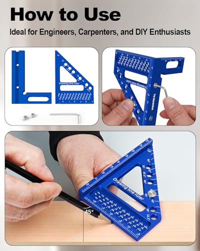 ViewReal Blue 3D Multi-Angle Aluminum Woodworking Square Ruler 22.5–90° Protractor