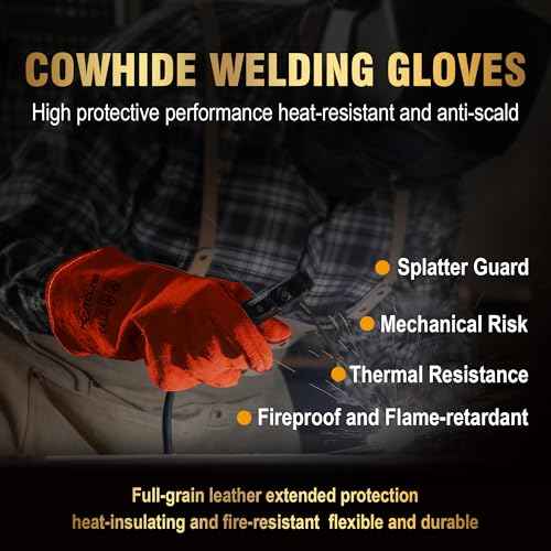 14 Inch Welding Gloves with Soft Fleece Lined Palm, 932¢µ Heat/Fire Resistant Leather For Mig,Tig,Stick,BBQ,Fireplace