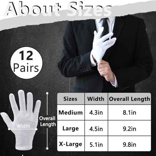 12 Pairs White Cotton Gloves Soft Hand Gloves Dust-Free Work for Men Women Art Crafting, Jewelry Handling, BBQ, Eczema Care, Coin Jewelry Watch Inspection, Dry Hands Sleeping, Archiva, Medium