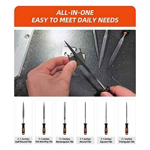 7'' Needle File Set - Carbon Steel 6-Piece With Handles, Hardened Alloy Strength Steel - Includes Flat, Flat Warding, Square, Triangular, Round, and Half-Round Files