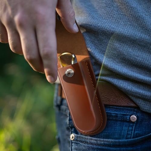 Leather Pocket Knife Sheath, 5" Folding Knife Case, Durable Multitool Holster with Snap Closure and Belt Loop, EDC Knife Pouch for Multitools, Pocket Knives, and Outdoor Activities, Brown