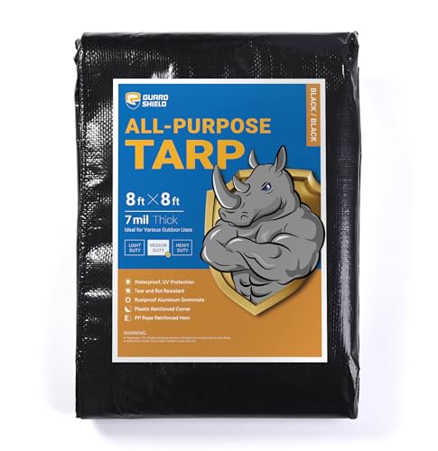 GUARD SHIELD 8x8 Feet Waterproof Black Heavy Duty Tarp - All Purpose 7mil