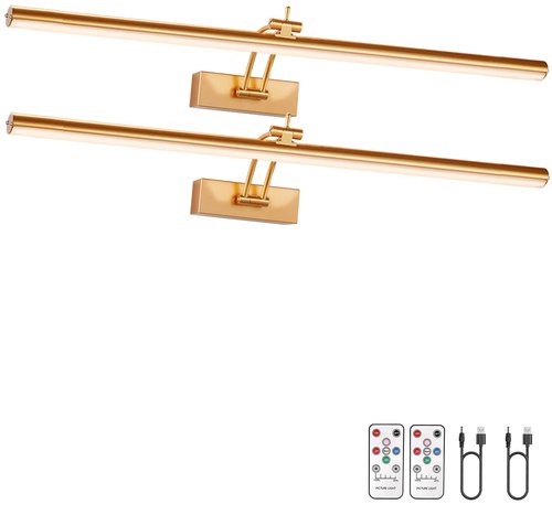 Yuichoy 2 Pack 24 inch Picture Light Battery Operated for Wall, Wireless Display Art Lighting for Painting with Remote, Dimmable 6400mAh Picture Frame Lights for Gallery, Brass