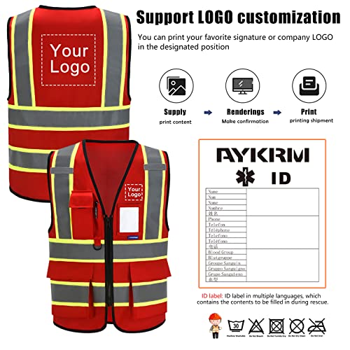 AYKRM Security Vest for Men Women 7 Pockets High Visibility Reflective Safety Vest Front Zipper Meets ANSI/ISEA