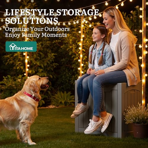 YITAHOME 31 Gallon Deck Box Taupe - Outdoor Storage Box with Bench & Handles