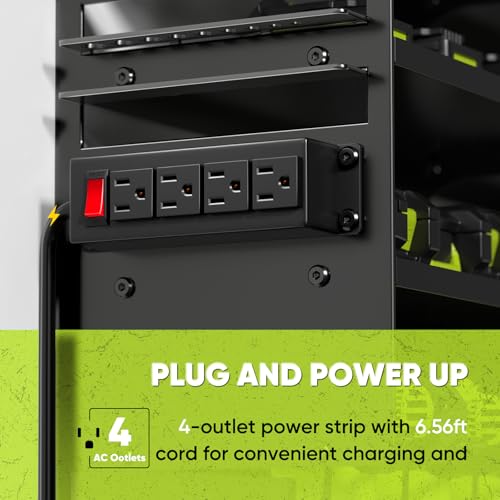 POKIPO Large Black Power Tool Organizer Wall Mount with Charging Station, 4 Layers, Heavy Duty Metal Supports 600lbs, 8 Drill Holders & Power Strip