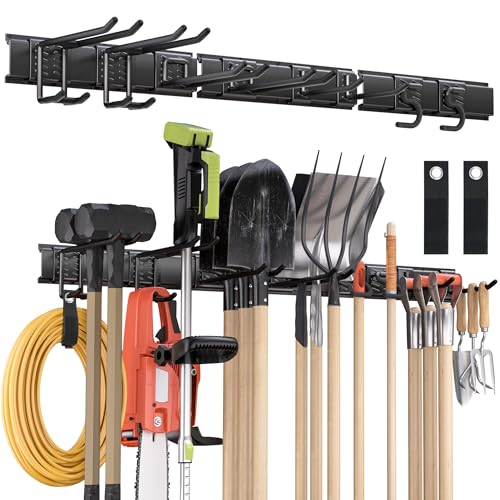 48-Inch Heavy Duty Wall Mount Garden Tool Organizer Rack with Adjustable Hooks