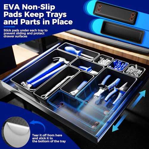 ALIKZO 70PCS Tool Box Organizer Tray Set 5 Sizes with EVA Non Slip Pads (Black) – Interlocking Drawer Bins