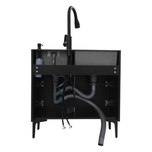 Laundry Sink w/Cabinet &Pull-Out Faucet, Kitchen Sink Cabinet w/Draining Basket, Stainless Steel Double Bowl Utility Sinks, Wash Station Tub for Kitchen Laundry Room(29.5''L*16.1''W*30.7''H) (Black)