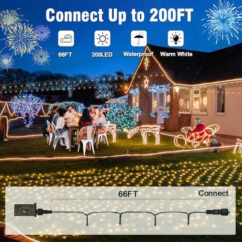 Nisocy 200 LED Christmas Connectable String Lights Outdoor Waterproof ? Warm White Fairy Lights with Plug, Tree Lights for Patio, Garden, Bedroom, Wedding, Party, Decor (66FT)