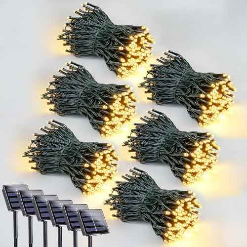 6 Pack 600 LED Solar String Lights for Outside, Solar Christmas Lights Outdoor with 8 Lighting Modes, Waterproof Green Wire Solar Powered Tree Light for Xmas Party Yard Garden Decorations (Warm White)