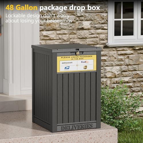 Black 48 Gallon Lockable Outdoor Package Delivery Box with Sign - Waterproof Resin Storage
