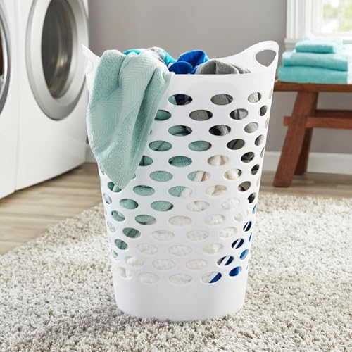 Tall Flex Laundry Basket with Handles – White Plastic Hamper 17.75 x 17.25 x 26 in