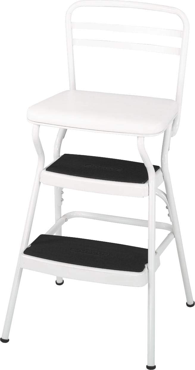 COSCO Stylaire Retro Chair + Step Stool with Flip-Up Vinyl Seat, White