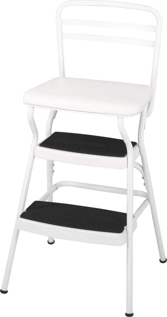 COSCO Stylaire Retro Chair + Step Stool with Flip-Up Vinyl Seat, White