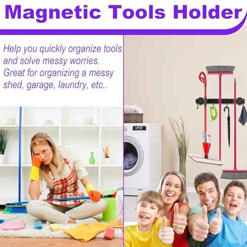 Magnetic Mop Broom Holder, Heavy Duty Magnetic Mop Hanger with Swivel Hooks for Cleaning Tools, Strong Magnet Mount Tool Hanger Organize System Utility Rack for Refrigerators Laundry Garage Kitchen