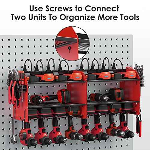 CCCEI Modular Power Tool Organizer Wall Mount with Charging Station. Garage Drill Storage Shelf with Hooks, Heavy Duty Rack, Tool Battery Holder Built in 8 Outlet. Gift for Men. Red, 1 Pack.