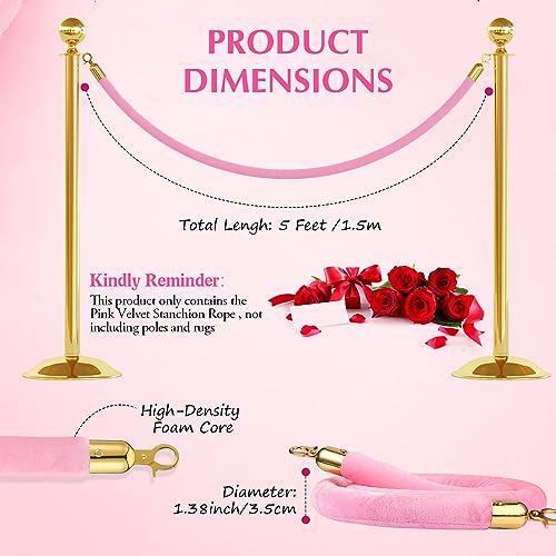 Riakrum 4 Pieces Pink Velvet Stanchion Rope 5 Feet Velvet Ropes with Gold Clasps for Party Hotels Wedding Movie Theaters Grand Openings Crowd Control Barrier Supplies