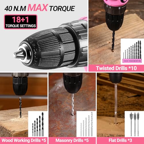 Pink 20V Cordless Power Drill Set with Battery & Tool Box - DEKOPRO