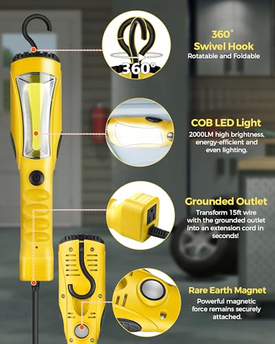 WILAWELS 18W LED Work Light 2000LM COB Handheld Underhood Scene Light, 15Ft Yellow Cord