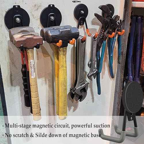 ULIBERMAGNET Heavy Duty Magnetic Hooks,Strong Large Magnet Hooks for Power Drill,Garden Tools, Hose,Pegboard,Garage,Workshop,4 Pack Magnetic Storage Hooks for Indoor Outdoor Hanging(Gray)