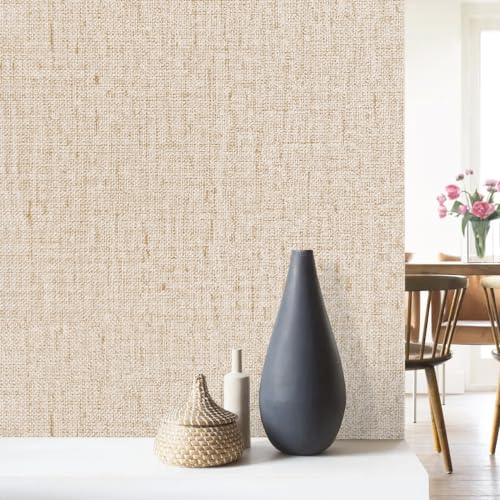 Lenify Beige Grasscloth Peel and Stick Wallpaper 15.7x196.8in Textured Wall Covering
