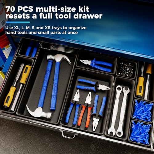 ALIKZO 70PCS Tool Box Organizer Tray Set 5 Sizes with EVA Non Slip Pads (Black) – Interlocking Drawer Bins